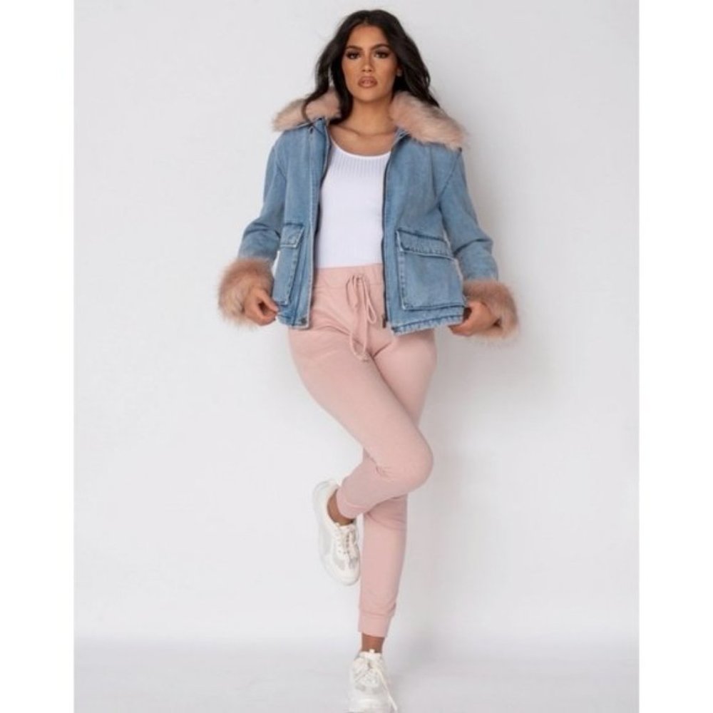 Long Sleeve Shearling Lined Denim Jeans Jacket with Detachable Fur Collar & Cuff - Picture 2 of 13